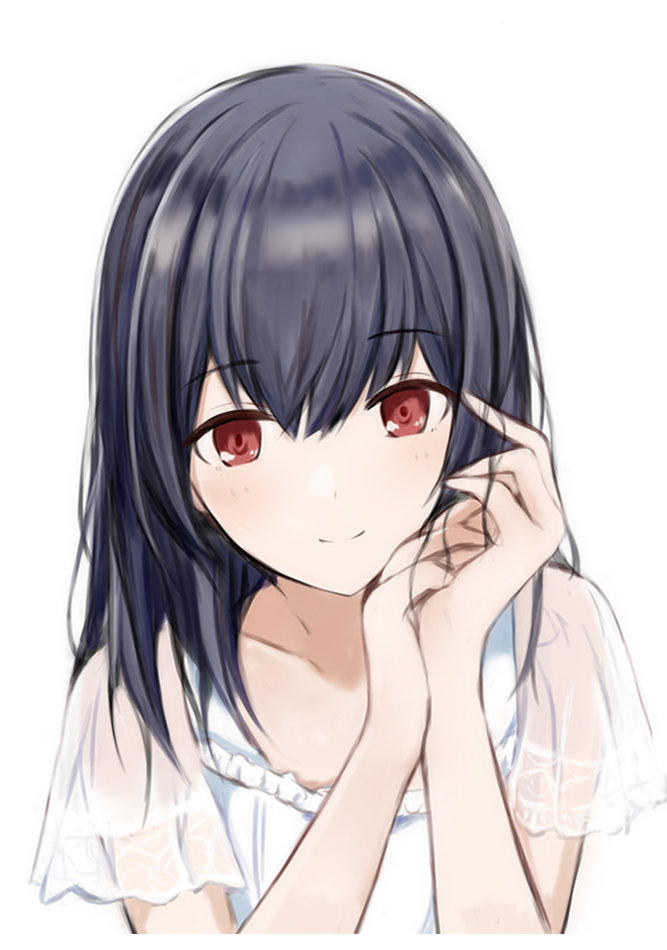 1girl bangs black_hair blush closed_mouth commentary_request dress eyebrows_visible_through_hair hands_up holding holding_hair idolmaster idolmaster_shiny_colors long_hair looking_at_viewer morino_rinze nannacy7 red_eyes see-through_sleeves short_sleeves simple_background smile solo upper_body white_background white_dress