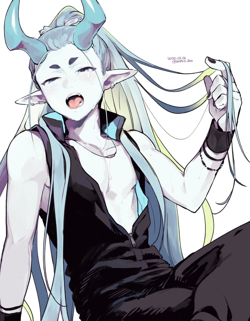 1boy aqua_horns black_nails dated hand_up horns jewelry long_hair male_focus necklace open_mouth pointy_ears simple_background sleeveless solo the_legend_of_luo_xiaohei twitter_username upper_body very_long_hair vox white_background xuhuai_(the_legend_of_luoxiaohei) zipper zipper_pull_tab