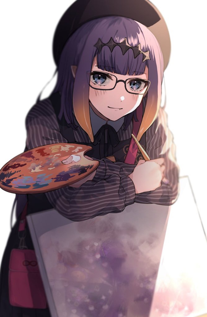 1girl beret blue_eyes blush canvas_(object) eyebrows_visible_through_hair fang glasses hat headpiece holding holding_paintbrush holding_palette hololive hololive_english itagaku mole mole_under_eye ninomae_ina'nis paintbrush palette pointy_ears purple_hair simple_background tentacle_hair virtual_youtuber white_background