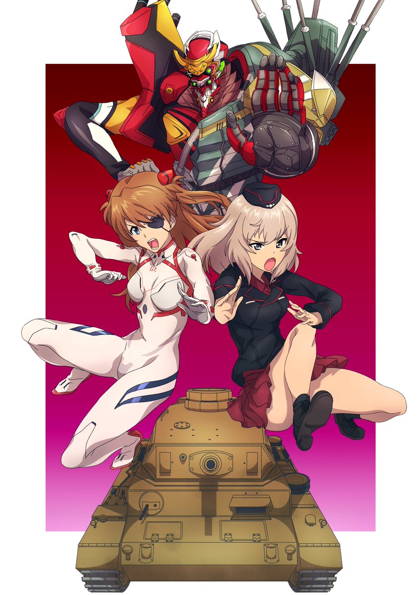 2girls bangs blue_eyes bodysuit crossover eva_02 eyepatch girls_und_panzer hat itsumi_erika long_hair long_sleeves mecha multiple_girls neon_genesis_evangelion open_mouth pilot_suit plugsuit rebuild_of_evangelion red_skirt skirt souryuu_asuka_langley white_bodysuit