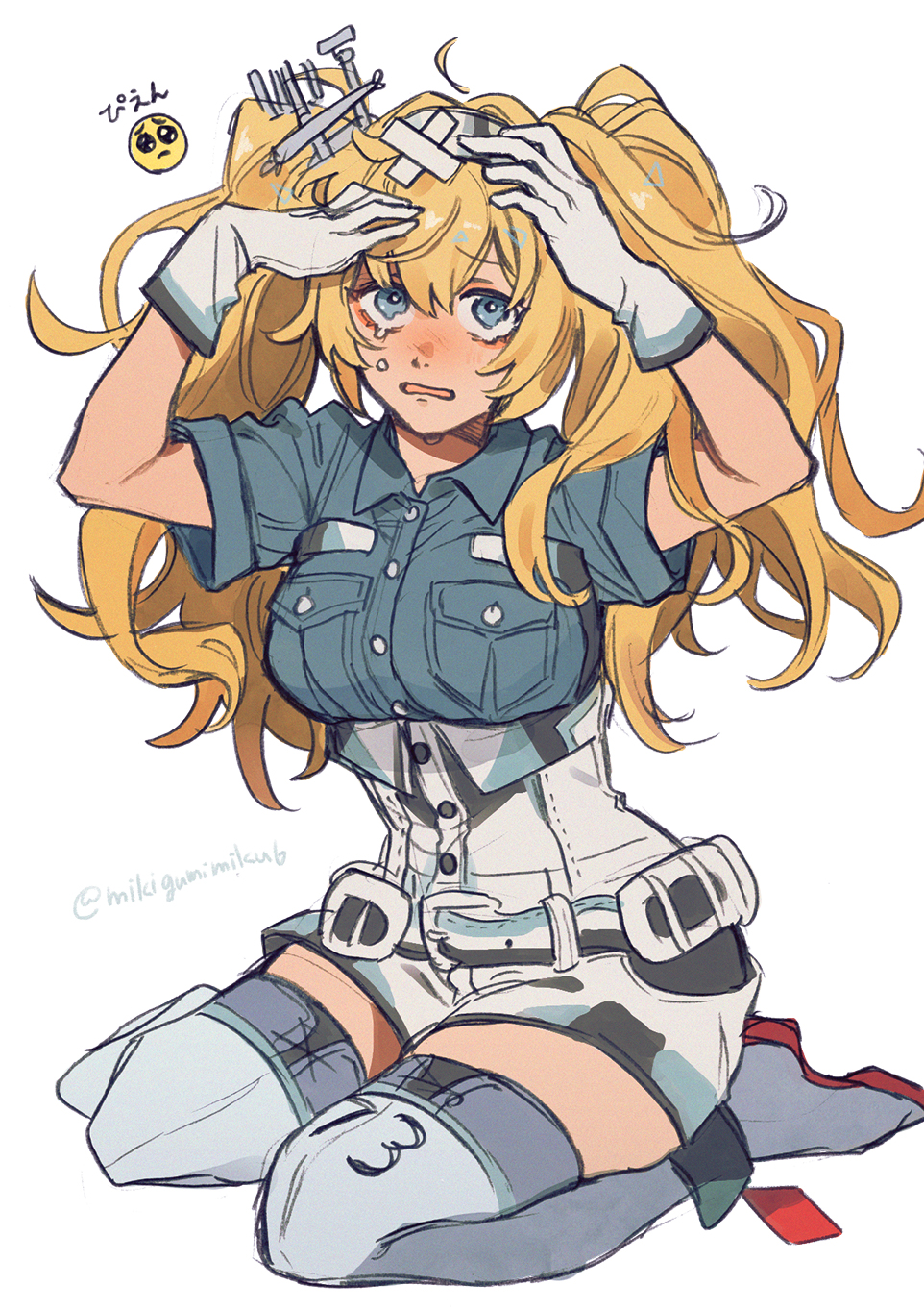 1girl bangs blonde_hair blue_eyes blue_shirt breast_pocket breasts crossed_bandaids emoji gambier_bay_(kancolle) gloves hairband hands_on_own_head headgear highres kantai_collection long_hair medium_breasts one-hour_drawing_challenge open_mouth pocket shirt short_sleeves sidelocks simple_background sitting solo sumoffu tears thigh-highs twintails twitter_username white_background