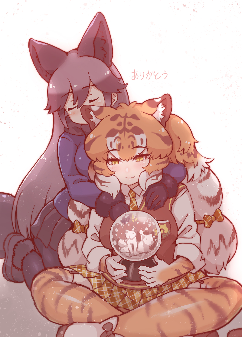 2girls animal_ears animal_print black_fur black_gloves black_hair black_legwear black_skirt blue_jacket blush bow brown_vest collared_shirt commentary_request crossed_legs extra_ears eyebrows_visible_through_hair fox_ears fox_girl fox_tail fur_trim gloves grey_hair hair_bow hug jacket kemono_friends kneeling long_hair long_sleeves multicolored_hair multiple_girls necktie orange_hair pantyhose plaid plaid_neckwear plaid_skirt pleated_skirt print_legwear shirt siberian_tiger_(kemono_friends) silver_fox_(kemono_friends) silver_hair sitting skirt snow_globe tail tanaka_kusao thigh-highs tiger_ears tiger_girl tiger_print tiger_tail twintails vest white_hair white_shirt yellow_eyes yellow_neckwear yellow_skirt zettai_ryouiki