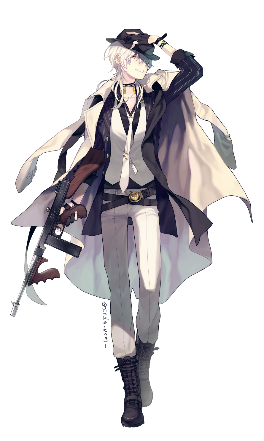 1boy artist_name belt black_jacket boots coat coat_on_shoulders formal gloves gun hat highres jacket multiple_belts necktie pants solo submachine_gun suit suit_jacket thompson_submachine_gun top_hat touken_ranbu tsurumaru_kuninaga weapon white_coat white_hair white_pants white_suit whiteawing