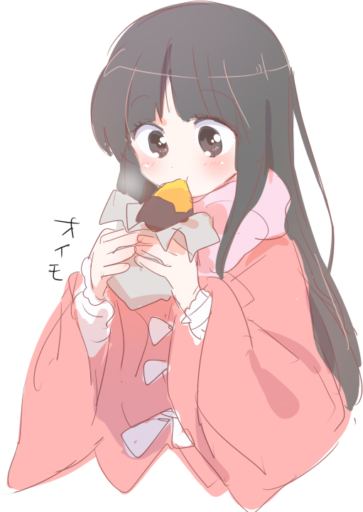 1girl :t archived_source bangs black_hair blouse blunt_bangs brown_eyes cropped_legs dot_nose eating eyebrows_visible_through_hair food food_wrapper from_side hands_up holding holding_food houraisan_kaguya japanese_clothes light_blush long_hair long_sleeves looking_down machiko_(beard) pink_blouse pink_scarf raised_eyebrows scarf shiny shiny_skin simple_background sketch solo steam sweet_potato tareme touhou upper_body very_long_hair white_background wide_sleeves yakiimo