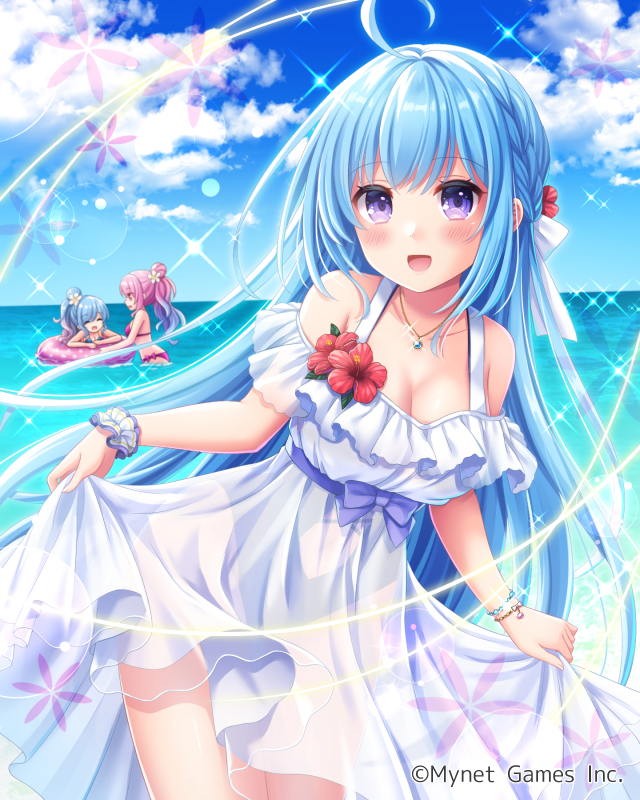 3girls :d beach blue_hair blue_ribbon blue_sky blue_swimsuit breasts clouds commentary_request dress falkyrie_no_monshou flower hair_ribbon innertube long_hair looking_at_viewer medium_breasts multiple_girls ocean official_art open_mouth parfait_(falkyrie_no_monshou) pink_hair ribbed_dress ribbon see-through_dress sky smile stardrop swimsuit swimsuit_under_clothes violet_eyes white_dress white_ribbon