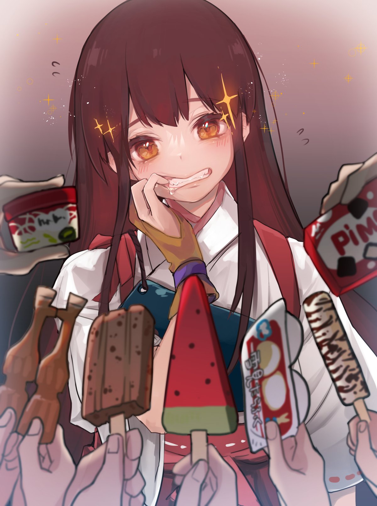 1girl 6+others akagi_(kancolle) brown_eyes brown_hair commentary_request food grin haagen-dazs highres ice_cream_cup japanese_clothes kantai_collection long_hair multiple_others muneate popsicle ruohire9 smile solo straight_hair tasuki upper_body watermelon_bar