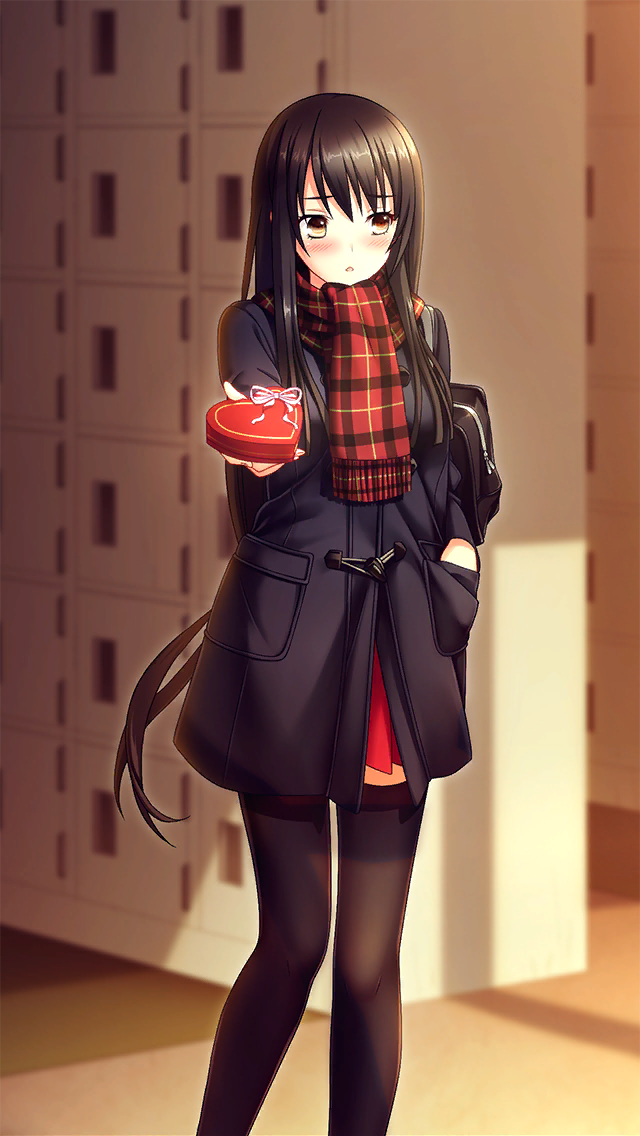 1girl bag bangs black_coat black_hair black_legwear blurry blurry_background blush box brown_eyes coat doukyuusei doukyuusei_another_world dusk game_cg hair_between_eyes hand_in_pocket heart-shaped_box holding holding_bag holding_box long_hair long_sleeves looking_away low-tied_long_hair masaki_natsuko miniskirt official_art plaid plaid_scarf pleated_skirt red_scarf red_skirt scarf school_bag shiny shiny_hair skirt solo standing thigh-highs valentine very_long_hair zettai_ryouiki