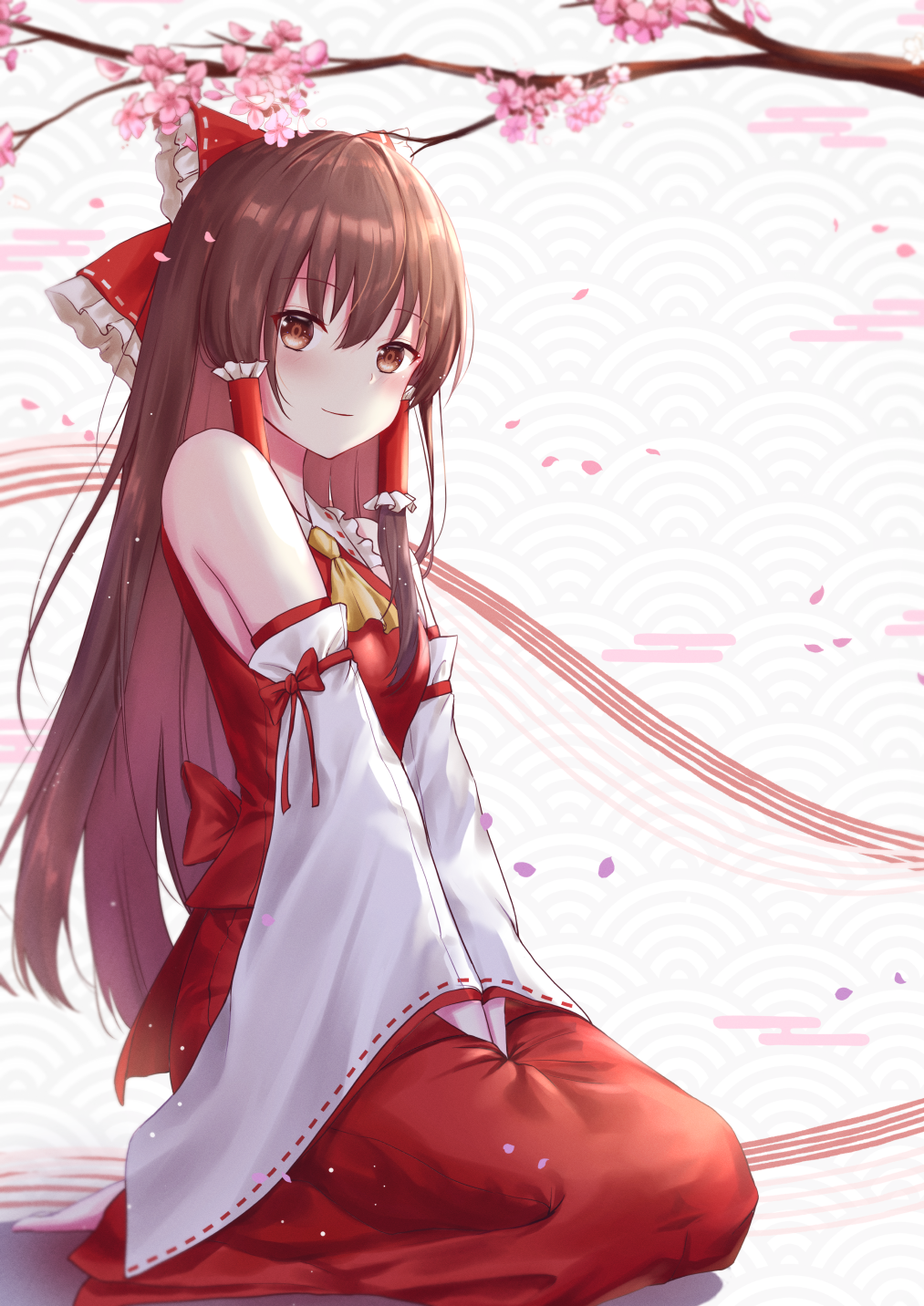 1girl bangs bare_shoulders blush bow brown_eyes brown_hair cherry_blossoms dress eyebrows_visible_through_hair hair_between_eyes hair_tubes hakurei_reimu hands_together highres long_hair long_sleeves looking_at_viewer red_bow red_dress red_ribbon ribbon sitting smile solo tim86231 touhou tree white_sleeves yellow_neckwear