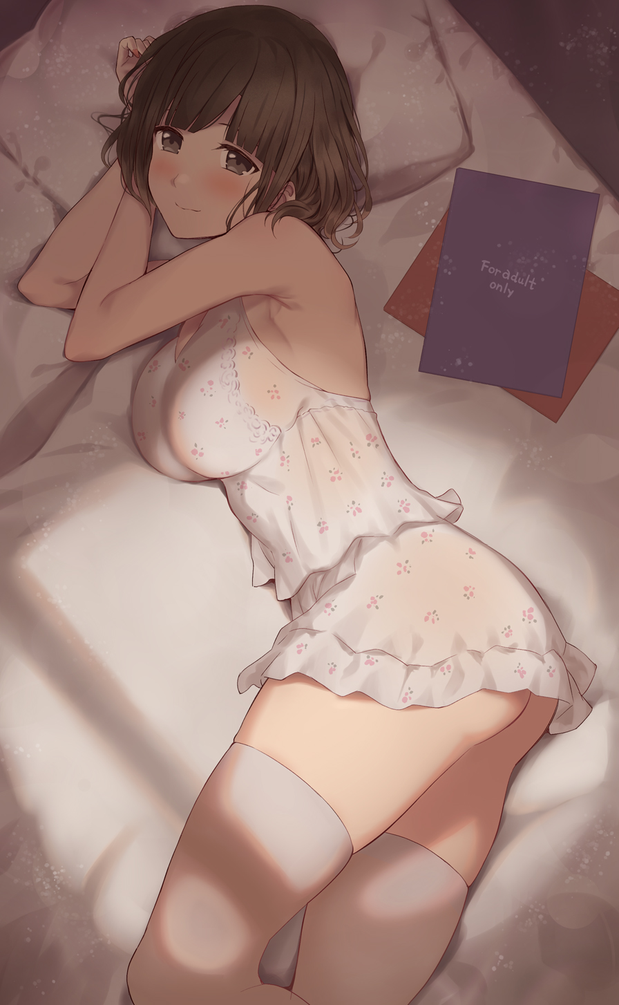 1girl ass bangs bare_arms bare_shoulders bed blush breasts brown_eyes brown_hair closed_mouth commentary_request eyebrows_visible_through_hair from_above highres large_breasts looking_at_viewer lying nightgown nijisanji on_bed on_side pillow serizawa_(serizawaroom) short_hair sleeveless smile solo suzuka_utako thigh-highs virtual_youtuber white_legwear