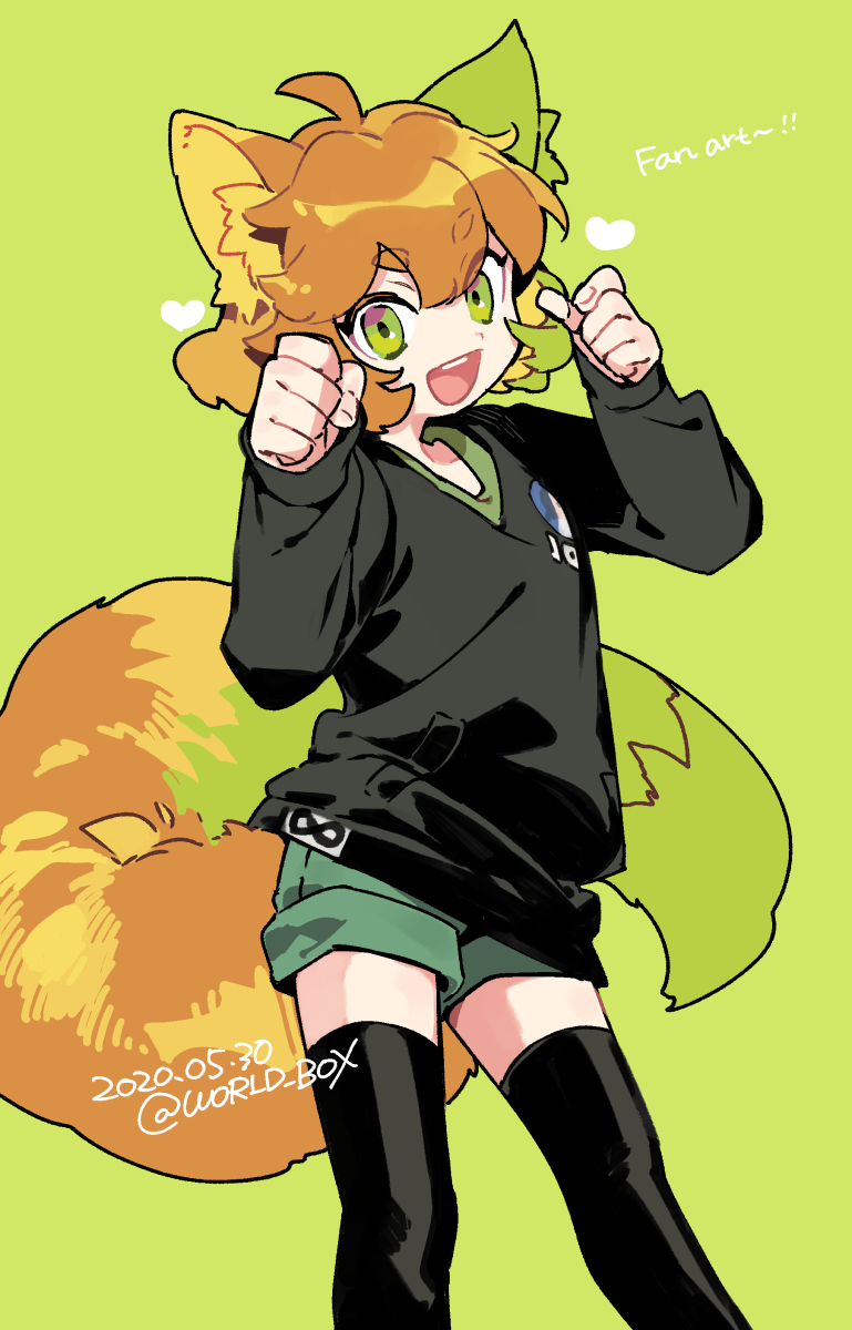 1girl animal_ears black_legwear black_shirt brown_hair dated fox_ears fox_girl fox_tail green_background green_eyes green_shorts hands_up heart highres long_sleeves looking_at_viewer medium_hair open_mouth ruoshui_(the_legend_of_luoxiaohei) shirt shorts simple_background smile solo tail the_legend_of_luo_xiaohei thigh-highs twitter_username vox
