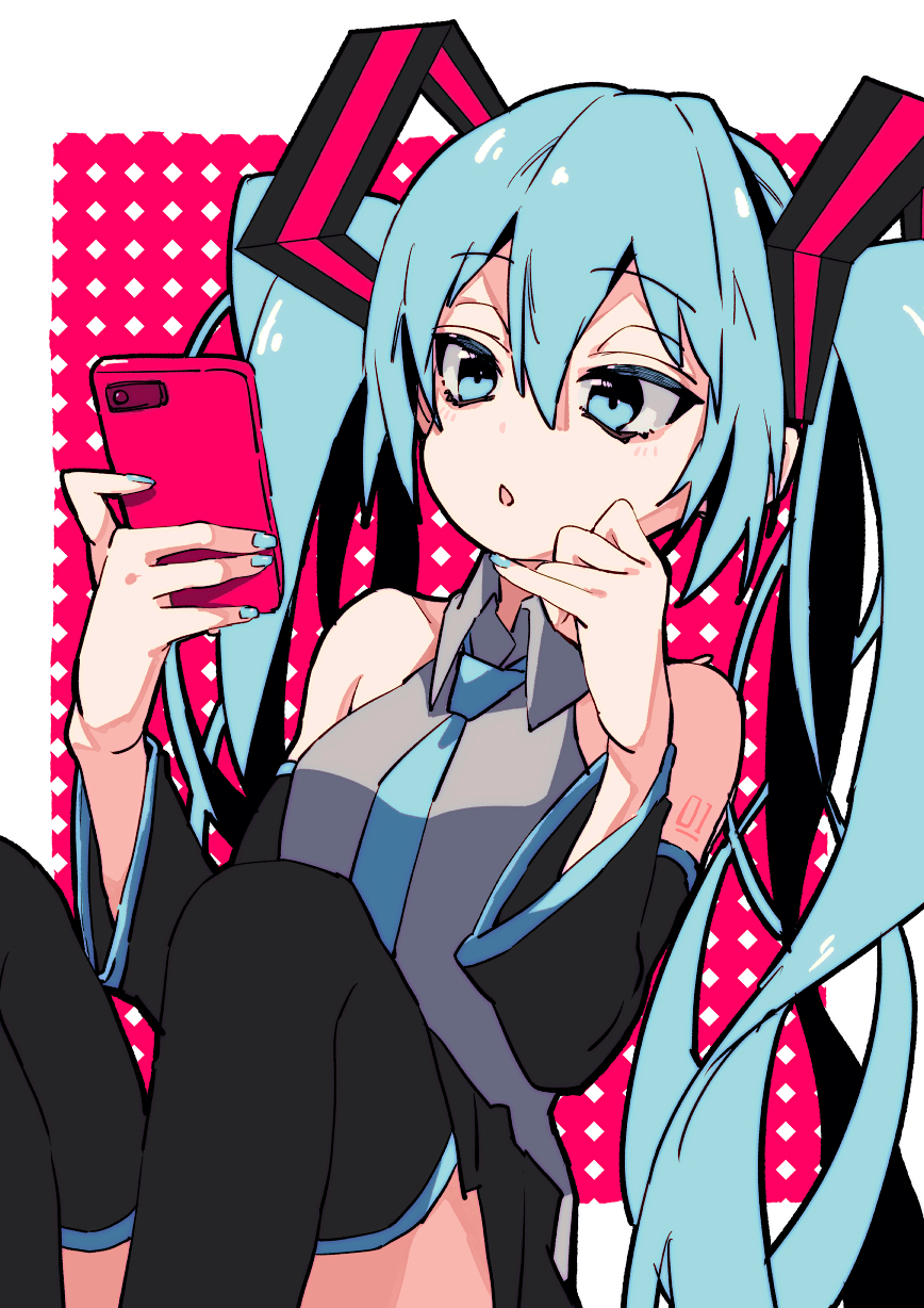 1girl aqua_eyes aqua_hair aqua_nails aqua_neckwear bare_shoulders black_legwear black_skirt black_sleeves bokarokaku cellphone chestnut_mouth commentary detached_sleeves grey_shirt hair_ornament half-closed_eyes hatsune_miku highres holding holding_phone knees_up long_hair looking_at_phone miniskirt nail_polish necktie open_mouth phone pinky_out pleated_skirt shirt shoulder_tattoo sitting skirt sleeveless sleeveless_shirt smartphone solo tattoo thigh-highs twintails very_long_hair vocaloid