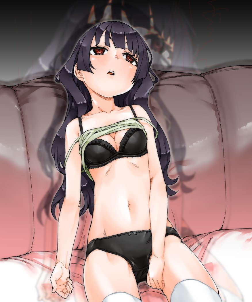 1girl akitsuki_itsuki bare_shoulders black_bra black_hair black_panties bow bow_panties bra camisole camisole_lift copyright_request couch empty_eyes fingernails green_camisole hypnosis looking_up mind_control on_couch panties parted_lips red_eyes sitting solo thigh-highs underwear underwear_only white_legwear