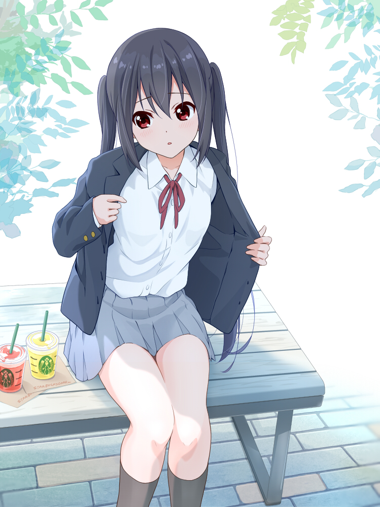 1girl bangs bench black_hair black_legwear blue_jacket blush collared_shirt commentary cup day disposable_cup dresstrip drink drinking_straw eyebrows_visible_through_hair feet_out_of_frame grey_skirt hair_between_eyes jacket juice k-on! kneehighs leaf long_hair long_sleeves looking_at_viewer nakano_azusa neck_ribbon on_bench outdoors parted_lips pleated_skirt red_eyes red_ribbon removing_jacket ribbon sakuragaoka_high_school_uniform school_uniform shirt sitting skirt solo starbucks twintails white_shirt