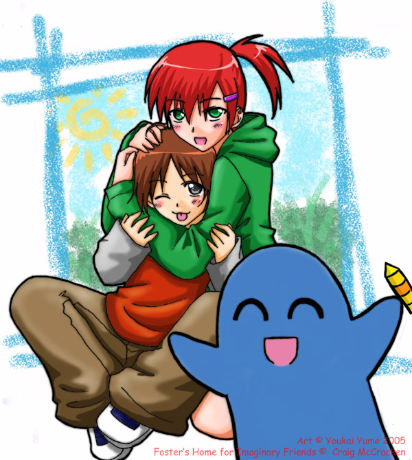 bloo blooregard_q_kazoo brown_hair brown_pants cartoon_network crayon foster's_home_for_imaginary_friends frankie_foster green_jacket mac_(foster's) red_hair red_shirt shoes sun white_sleeves window