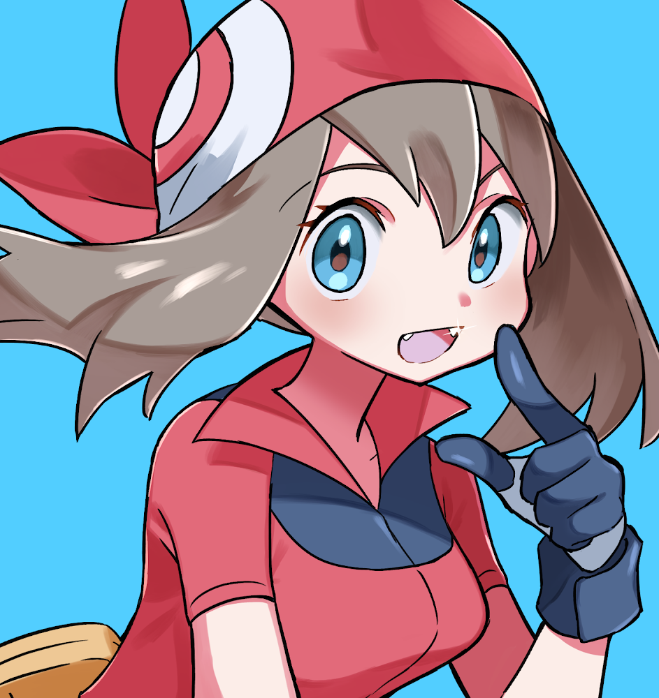 1girl :d bandana bangs blue_background blue_eyes blush breasts brown_hair commentary_request eyelashes fangs floating_hair gloves hair_between_eyes hyou_(hyouga617) index_finger_raised long_hair looking_at_viewer may_(pokemon) open_mouth pokemon pokemon_(game) pokemon_rse red_bandana red_shirt shirt short_sleeves simple_background smile solo sparkle tongue