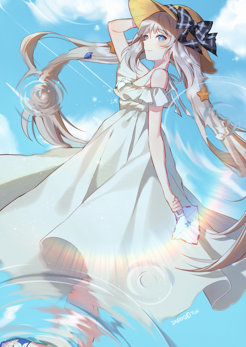 1girl arm_at_side bangs bare_shoulders blue_eyes blush bow clouds day dress fate/grand_order fate_(series) feet_out_of_frame floating_hair frilled_dress frills from_side hair_ornament hand_on_headwear hat hat_ornament holding letter long_dress long_hair looking_at_viewer looking_to_the_side marie_antoinette_(fate) marie_antoinette_(swimsuit_caster)_(fate) nail_polish off_shoulder outdoors perri_(mnemosine) plaid ribbon ripples shade shell shell_hair_ornament sideways_glance silver_hair sky slippers smile solo standing star_(symbol) star_hair_ornament straw_hat sun_hat toenails very_long_hair white_dress white_ribbon