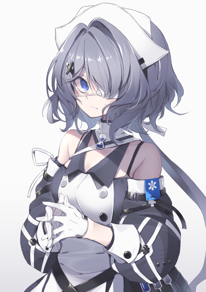 1girl arknights black_dress blue_eyes commentary dress eyepatch fingers_together gloves grey_hair hair_ornament hat highres looking_at_viewer medical_eyepatch nurse_cap off-shoulder_dress off_shoulder puffy_sleeves satou_kibi short_hair_with_long_locks simple_background solo syringe two-tone_dress whisperain_(arknights) white_background white_dress white_gloves white_headwear x_hair_ornament
