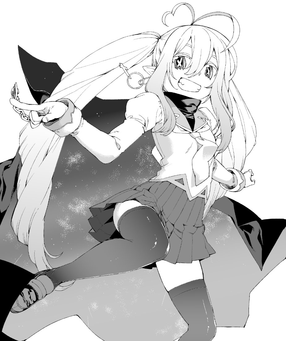 1girl akitsuki_itsuki antenna_hair cape copyright_request cross cross_earrings earrings fingernails greyscale grin hair_between_eyes inverted_cross jewelry juliet_sleeves long_sleeves looking_at_viewer miniskirt monochrome necktie outstretched_arms pleated_skirt puffy_sleeves shirt shoes skirt smile solo spread_arms thigh-highs twintails x_x