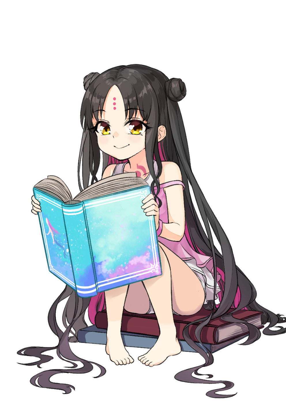 1girl bangs bare_shoulders black_hair book breasts casual_one-piece_swimsuit chest_tattoo closed_mouth coffeekite double_bun dress_swimsuit facial_mark fate/grand_order fate_(series) forehead_mark highres knees_up long_hair multicolored_hair one-piece_swimsuit open_book parted_bangs pink_hair pink_swimsuit sesshouin_kiara sesshouin_kiara_(lily) sitting small_breasts smile streaked_hair swimsuit tattoo very_long_hair wavy_hair yellow_eyes