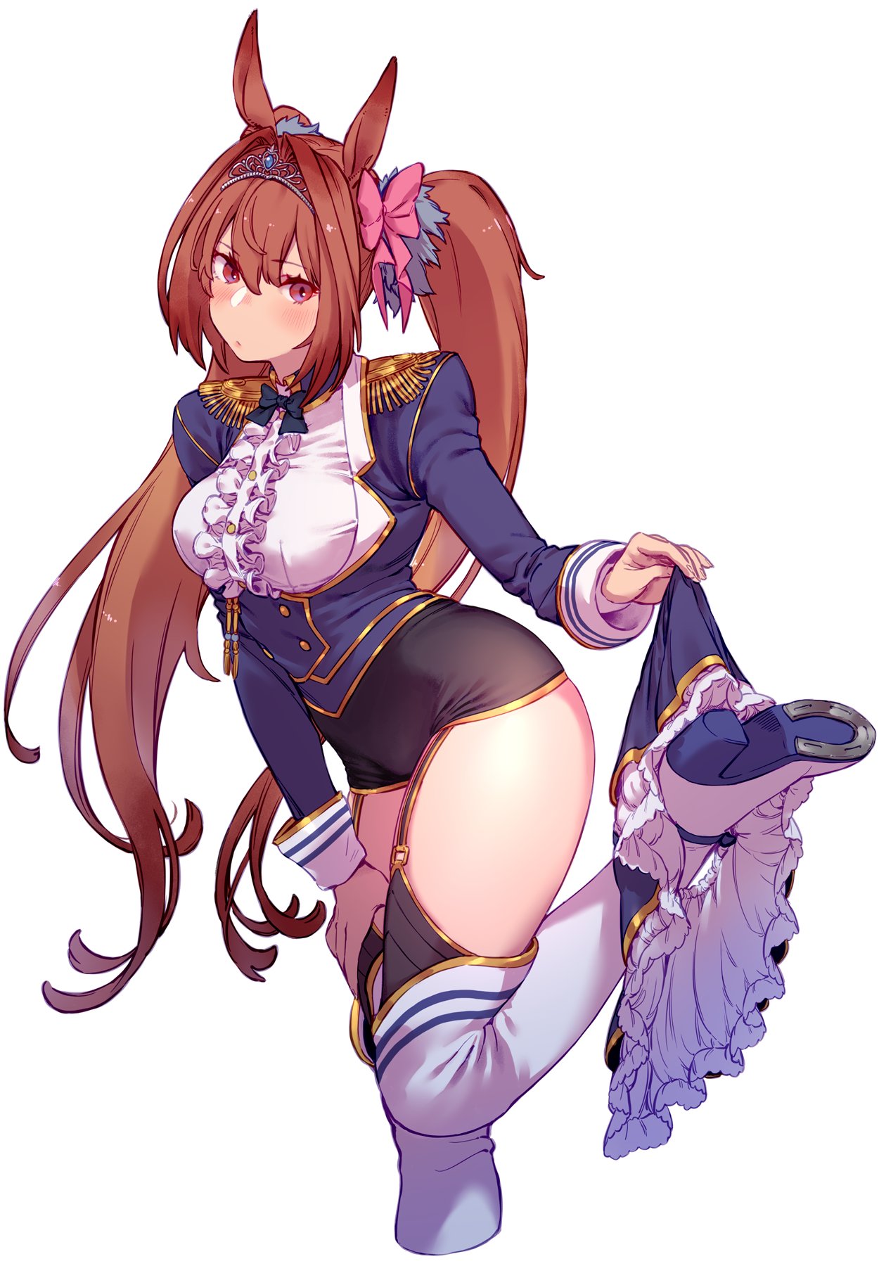 1girl animal_ears bangs black_legwear black_shorts blue_jacket blue_skirt blush boots bow brown_hair center_frills closed_mouth daiwa_scarlet_(umamusume) epaulettes eyebrows_visible_through_hair frilled_shirt frills garter_straps hair_bow hair_intakes high_heel_boots high_heels highres horse_ears horseshoe jacket leg_up long_hair long_sleeves looking_at_viewer open_clothes open_jacket pink_bow red_eyes shirt short_shorts shorts simple_background skirt skirt_around_ankles standing standing_on_one_leg thigh-highs thighhighs_under_boots tiara twintails umamusume undressing uyama_hajime very_long_hair white_background white_footwear white_shirt