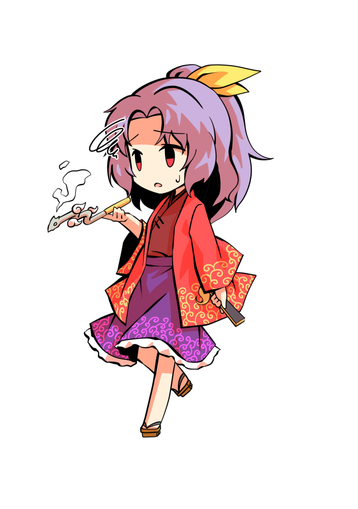 1girl brown_footwear chibi dairi eyebrows_visible_through_hair fan hair_ribbon hand_up holding holding_fan japanese_clothes kimono komakusa_sannyo long_sleeves medium_hair multicolored multicolored_clothes open_mouth ponytail purple_hair red_eyes red_sleeves ribbon simple_background solo standing tachi-e touhou white_background worried yellow_ribbon