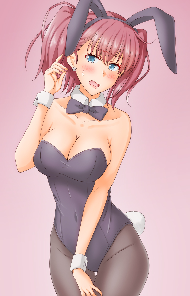 1girl alternate_costume animal_ears anti_(untea9) atlanta_(kancolle) black_legwear bow bowtie breasts brown_hair commentary_request cowboy_shot detached_collar earrings fake_animal_ears gradient gradient_background grey_eyes grey_leotard grey_neckwear highres jewelry kantai_collection large_breasts leotard long_hair looking_at_viewer pantyhose playboy_bunny purple_background rabbit_ears solo standing star_(symbol) star_earrings strapless strapless_leotard two_side_up wrist_cuffs