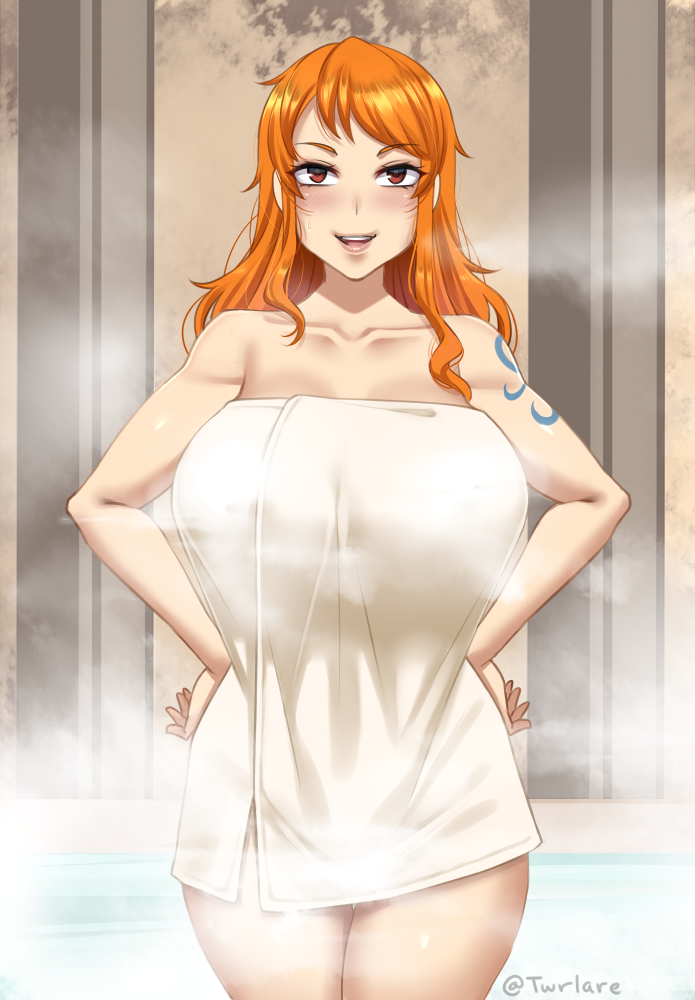 1girl :d blush breasts brown_eyes collarbone cowboy_shot hands_on_hips large_breasts long_hair looking_at_viewer naked_towel nami_(one_piece) one_piece open_mouth orange_hair smile solo steam tattoo towel twitter_username twrlare