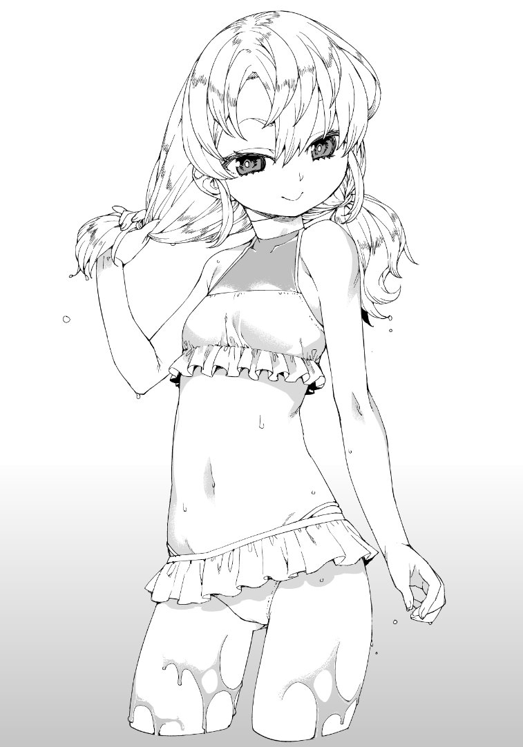 1girl :&gt; akitsuki_itsuki bare_arms bare_shoulders bikini_skirt breasts bright_pupils closed_mouth copyright_request cropped_legs fingernails gradient gradient_background greyscale hand_up looking_at_viewer low_twintails monochrome navel small_breasts smile solo standing sweat twintails white_pupils