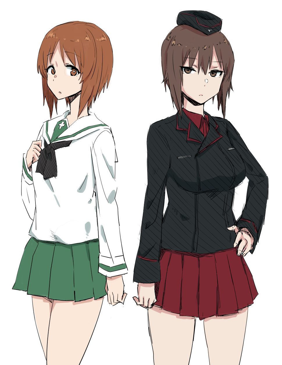 2girls arm_at_side beret black_bow black_headwear black_jacket black_neckwear bob_cut bow bowtie breasts bright_pupils brown_eyes brown_hair collared_shirt cowboy_shot girls_und_panzer gomu_(chewinggom) green_skirt hand_on_hip hand_up hat highres inverted_bob jacket jitome long_sleeves looking_at_viewer medium_breasts military military_uniform miniskirt multiple_girls nishizumi_maho nishizumi_miho parted_lips pleated_skirt red_shirt red_skirt sailor_collar school_uniform serafuku shirt short_hair siblings simple_background sisters skirt standing uniform white_background white_pupils white_sailor_collar white_shirt wing_collar