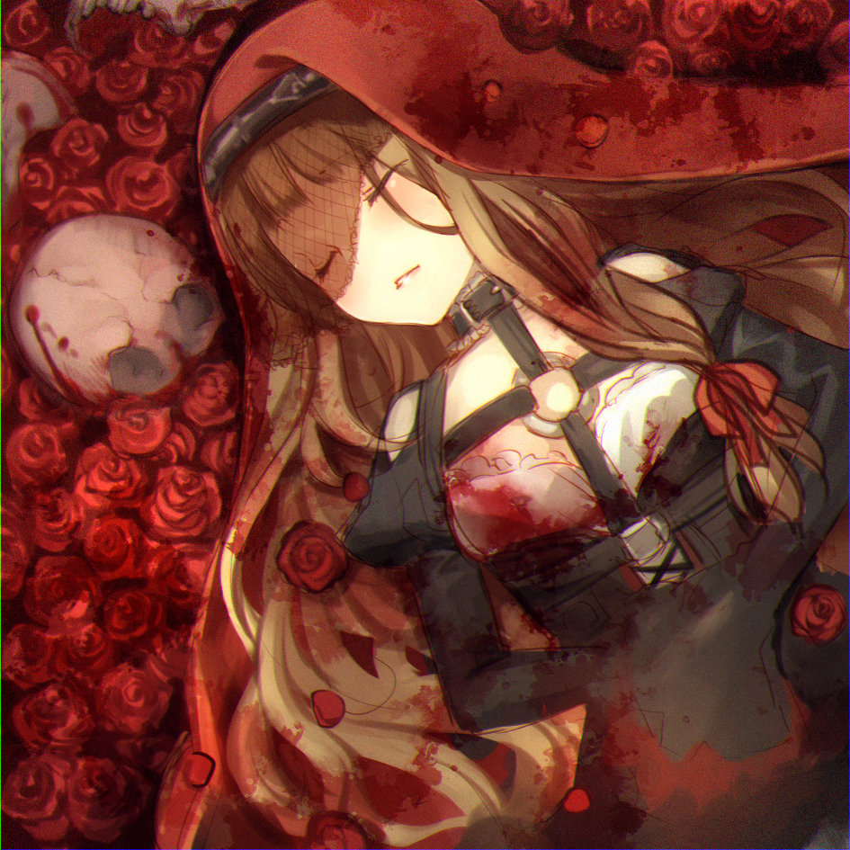 1girl bangs blood blood_splatter bloody_clothes blunt_bangs choker closed_eyes corset eyebrows_visible_through_hair flower gothic_lolita hair_ribbon little_red_riding_hood_(sinoalice) lolita_fashion long_sleeves lying on_back open_mouth parted_lips petals red_flower red_rose ribbon rose sidelocks sinoalice sketch skull sleeping smile solo teeth teroru veil