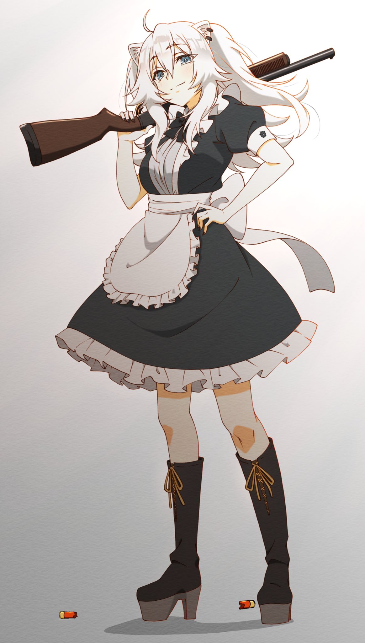 1girl ahoge alternate_costume animal_ears apron bangs black_dress black_footwear black_legwear black_neckwear boots bow bowtie breasts carrying_over_shoulder closed_mouth commentary_request dress enmaided eyebrows_visible_through_hair frilled_dress frills full_body grey_eyes gun hair_between_eyes hand_on_hip high_heel_boots high_heels highres holding holding_gun holding_weapon hololive homura_minori knee_boots large_breasts lion_ears lion_girl long_hair looking_at_viewer maid maid_day platform_footwear platform_heels puffy_short_sleeves puffy_sleeves shishiro_botan short_dress short_sleeves shotgun shotgun_shells sidelocks silver_hair smile solo two_side_up virtual_youtuber waist_apron weapon white_apron