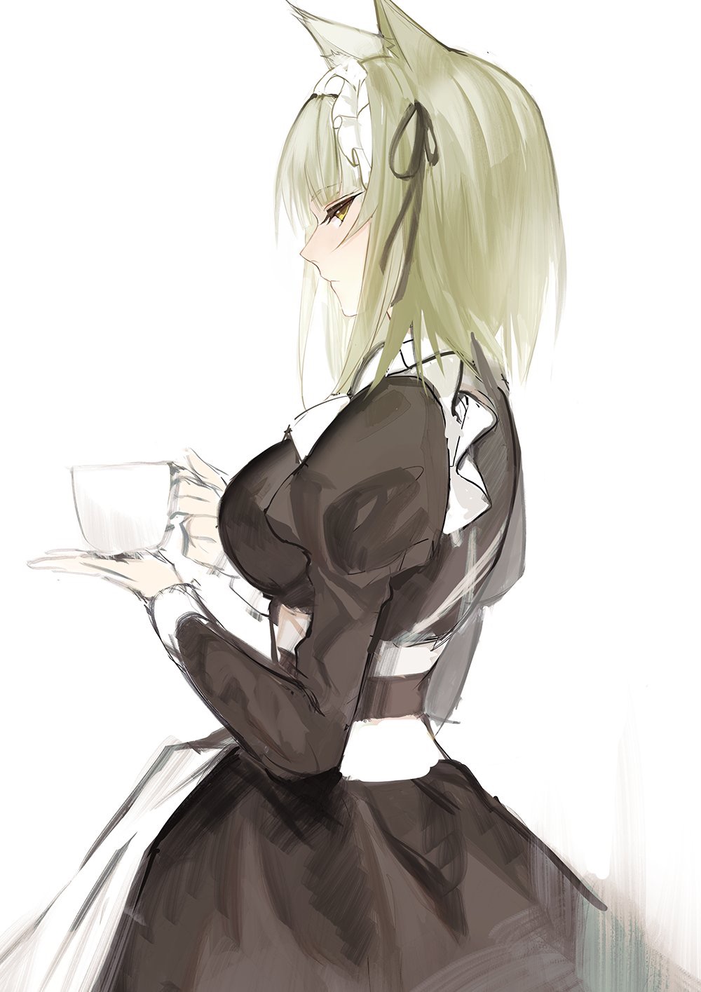 1girl animal_ears arknights black_dress black_ribbon breasts cup dress grey_hair hair_ribbon highres holding holding_cup juliet_sleeves kal'tsit_(arknights) kernel_killer large_breasts long_sleeves looking_at_viewer lynx_ears maid maid_headdress official_alternate_costume profile puffy_sleeves ribbon short_hair simple_background solo teacup upper_body white_background yellow_eyes