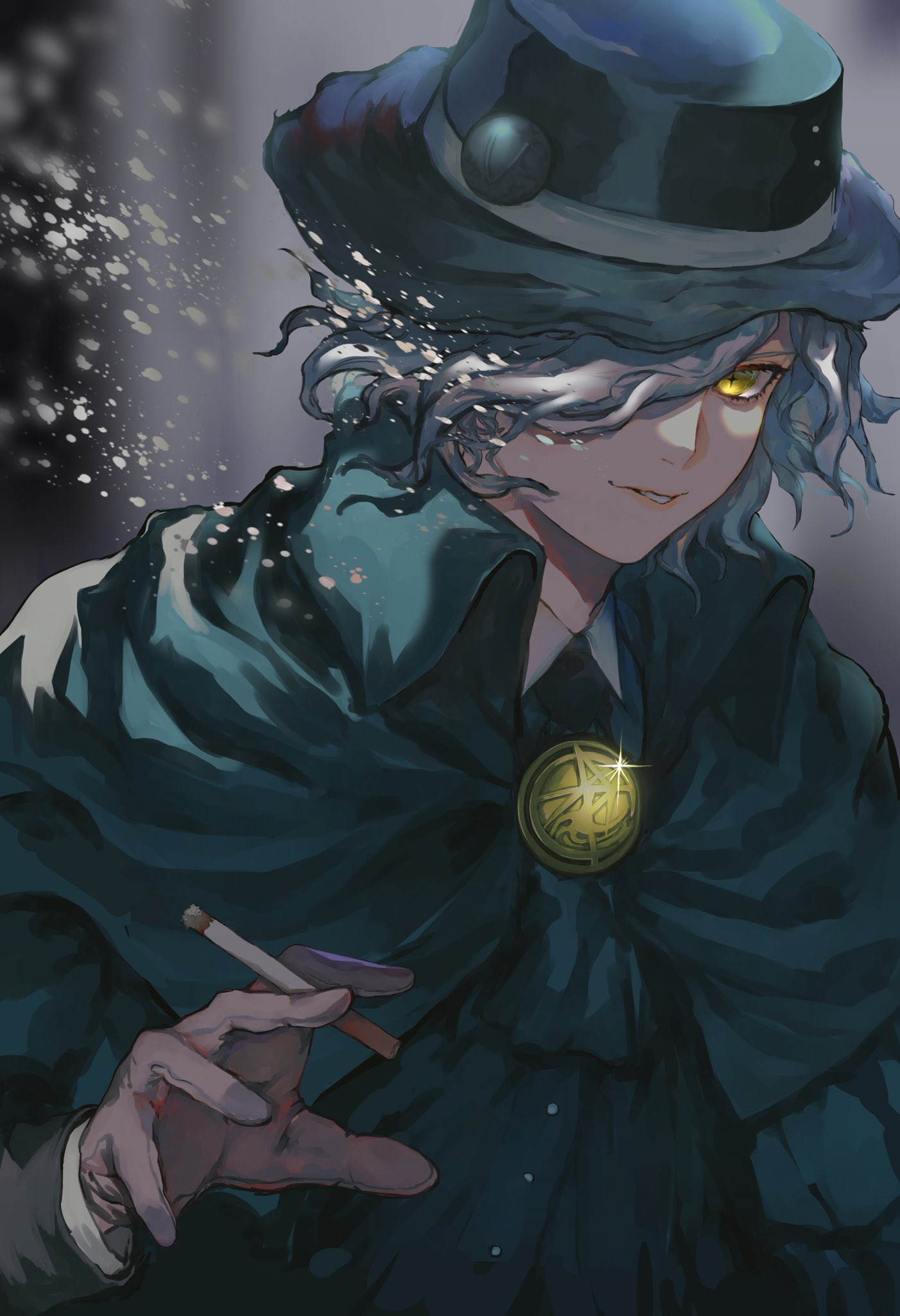 1boy bangs black_headwear blurry blurry_background cape cigarette commentary_request edmond_dantes_(fate) fate/grand_order fate_(series) fedora hair_over_one_eye hand_up hat highres holding long_sleeves looking_at_viewer male_focus shiny short_hair silver_hair smile solo suzumetarou upper_body yellow_eyes