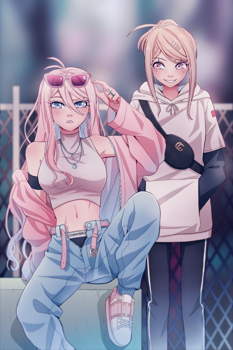 2girls ahoge akamatsu_kaede antenna_hair bagns bangs black_panties blonde_hair blue_eyes blurry blurry_background blush breasts chain-link_fence cheer_(cheerkitty14) commentary dangan_ronpa_(series) dangan_ronpa_v3:_killing_harmony denim english_commentary eyewear_on_head feet_out_of_frame fence hair_ornament highres hood hoodie iruma_miu jacket jewelry large_breasts long_hair long_sleeves looking_at_another looking_at_viewer midriff multiple_girls musical_note_hair_ornament navel necklace off_shoulder open_clothes open_jacket open_pants panties pants parted_lips pink-framed_eyewear pink_eyes pink_jacket shoes smile sneakers sunglasses teeth underwear white_footwear white_hoodie