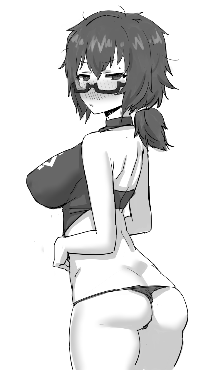1girl ass blush breasts closed_mouth cowboy_shot cropped_shirt from_behind girls_und_panzer glasses gomu_(chewinggom) highres large_breasts looking_at_viewer looking_back low_ponytail messy_hair oryou_(girls_und_panzer) ponytail semi-rimless_eyewear simple_background solo standing thong under-rim_eyewear white_background