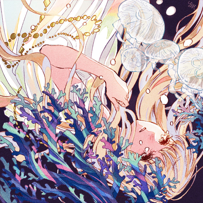 1girl bangs blonde_hair blunt_bangs bubble crying crying_with_eyes_open dress jellyfish long_hair looking_at_viewer original seaweed signature solo streaming_tears submerged tami_yagi tearing_up tears white_dress