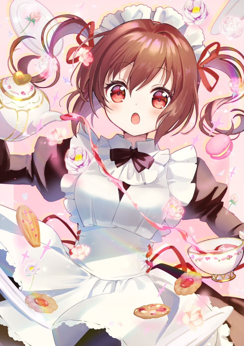 1girl :o apron blush bow bowtie brown_hair cookie cup diffraction_spikes eyebrows_visible_through_hair flower food frills hair_between_eyes hair_intakes highres long_hair long_sleeves looking_at_viewer maid maid_headdress open_mouth original pink_background pouring puffy_sleeves red_eyes sakuro saucer simple_background solo surprised tea teacup teapot twintails upper_body