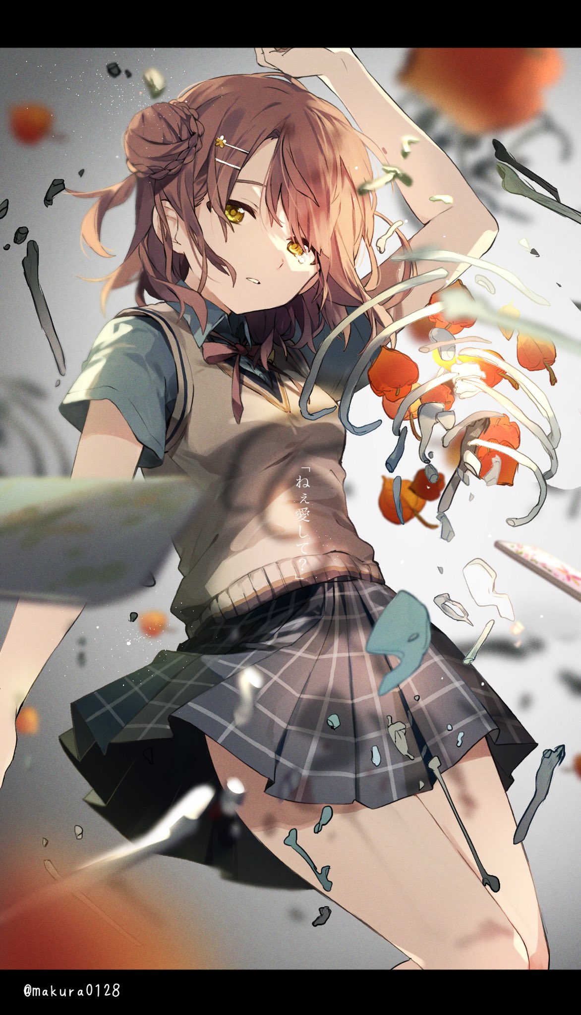 1girl arm_up black_border blue_shirt blurry blurry_foreground bone border braid brown_sweater_vest chinese_lantern_(plant) collared_shirt feet_out_of_frame floating floating_object flower hair_flower hair_ornament hairclip highres looking_at_viewer love_live! love_live!_nijigasaki_high_school_idol_club makura_(makura0128) medium_hair neck_ribbon orange_hair parted_lips pleated_skirt red_neckwear ribbon ribs sad shirt short_sleeves side_bun skirt solo tearing_up teeth translation_request twitter_username uehara_ayumu yellow_eyes