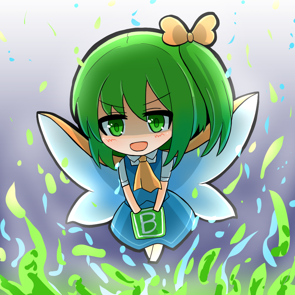 1girl :d ascot blue_background blue_skirt blue_vest blush bomb bow chibi collared_shirt commentary_request daiyousei eyebrows_visible_through_hair fairy_wings fire floating full_body gradient gradient_background green_eyes green_fire green_hair hair_between_eyes hair_bow harinohito_toge holding large_wings looking_at_viewer open_mouth shaded_face shirt short_hair short_sleeves side_ponytail skirt skirt_set smile solo touhou v-shaped_eyebrows vest white_shirt wings yellow_bow yellow_neckwear
