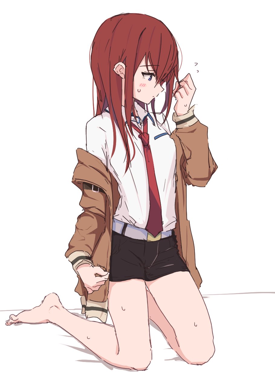 1girl bare_legs barefoot belt black_shorts blue_eyes blush brown_jacket closed_mouth commentary_request full_body highres jacket kahlua_(artist) kneeling long_hair long_sleeves makise_kurisu necktie no_legwear off_shoulder open_clothes open_jacket red_neckwear redhead shirt short_shorts shorts simple_background steins;gate white_background white_shirt