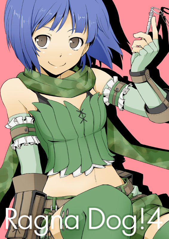 1girl bangs belt black_bra blue_hair bra breasts brown_belt brown_eyes camouflage camouflage_scarf camouflage_shorts closed_mouth comiket_81 commentary_request cover cover_page cowboy_shot doujin_cover elbow_gloves fingerless_gloves gloves green_gloves green_scarf green_short green_tubetop looking_at_viewer pouch ragnarok_online ranger_(ragnarok_online) scarf short_hair shorts sleeve_garter small_breasts smile solo strapless tubetop underwear yuuki_tokito