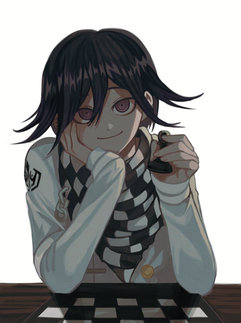 1boy bangs black_hair black_scarf board_game bong_(0u0bon) checkered checkered_scarf chess chess_piece chessboard commentary_request dangan_ronpa_(series) dangan_ronpa_v3:_killing_harmony hair_between_eyes head_rest holding jacket long_sleeves looking_at_viewer male_focus ouma_kokichi pawn_(chess) scarf short_hair simple_background smile solo straitjacket upper_body violet_eyes white_background white_scarf