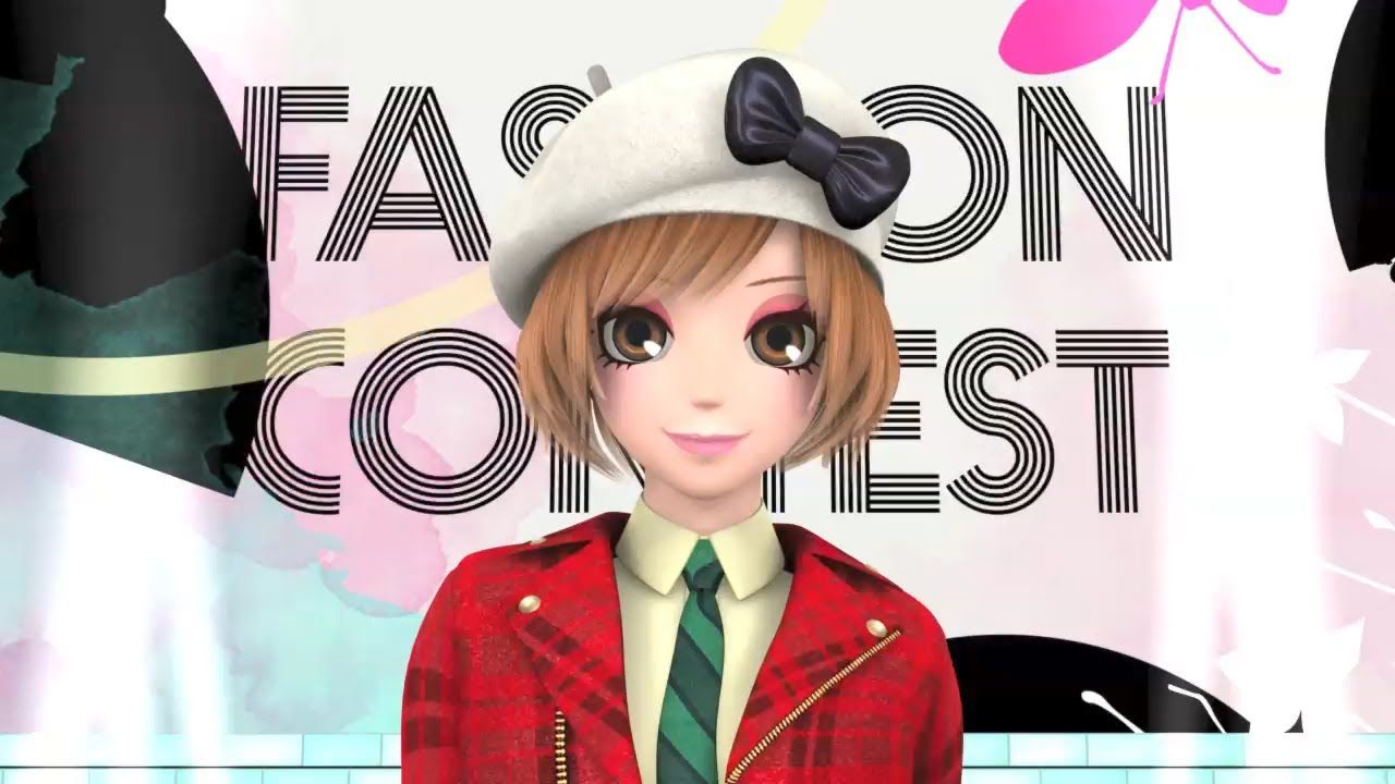 1girl bangs beret blazer bob_cut bow brown_eyes brown_hair collared_shirt english_text eyebrows_visible_through_hair eyelashes eyeshadow fashion girls_mode_2 green_neckwear hat jacket leather leather_jacket makeup necktie nicky_(style_savvy) nintendo official_art pink_eyeshadow pink_lips plaid_jacket red_leather runway screencap shirt sign solo solo_focus stage style_savvy_(video_game_series) upper_body white_headwear