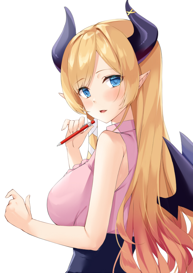 1girl bangs black_skirt blonde_hair blue_eyes blush breasts collared_shirt commentary demon_horns demon_wings eyebrows_visible_through_hair frilled_shirt frills from_side gradient_hair high-waist_skirt holding holding_pencil hololive horns ky_kosuke large_breasts long_hair looking_at_viewer looking_back mechanical_pencil multicolored_hair open_mouth parted_bangs pencil pencil_skirt pink_hair pink_shirt pointy_ears shirt shirt_tucked_in simple_background skirt sleeveless sleeveless_shirt smile solo two-tone_hair upper_body virtual_youtuber white_background wings yuzuki_choco