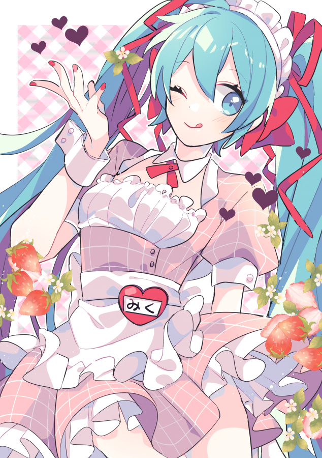 1girl aqua_eyes aqua_hair badge character_name commentary cowboy_shot dress flower food framed_breasts frilled_dress frills fruit hair_ribbon hand_up hatsune_miku heart leaf long_hair maid maid_headdress nail_polish one_eye_closed pink_dress plaid plaid_background red_nails red_ribbon ribbon short_sleeves sideways_glance smile solo strawberry symbol_commentary tongue tongue_out twintails very_long_hair vocaloid wrist_cuffs yoshiki