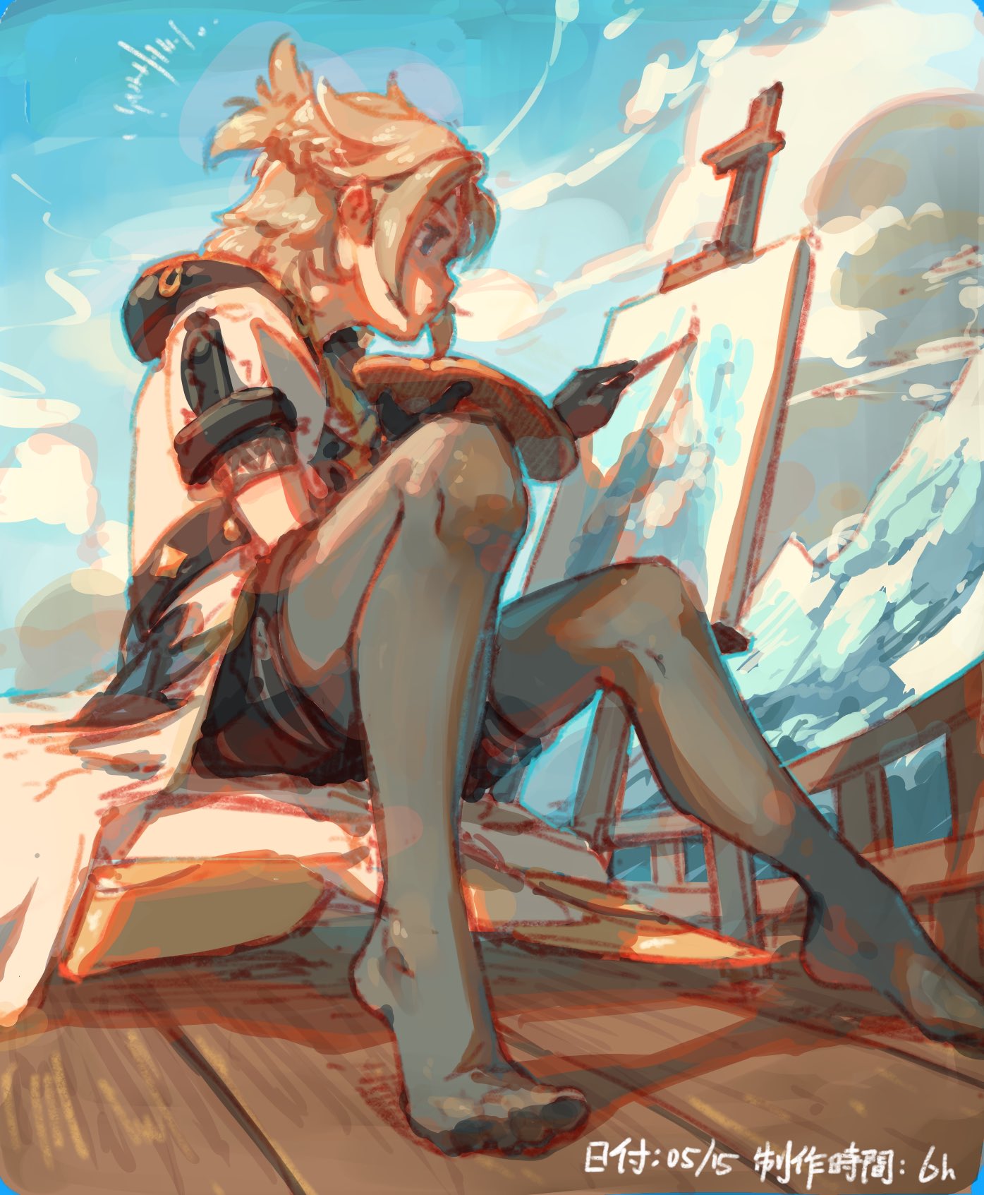 1boy albedo_(genshin_impact) black_gloves blue_eyes blue_sky braid brown_hair brush canvas_(object) clouds cloudy_sky dated genshin_impact gloves highres holding holding_brush holding_paintbrush hood hood_down male_focus no_shoes outdoors paintbrush painting palette pantyhose ponytail shorts sitting sky sleeves_rolled_up solo zeniyan