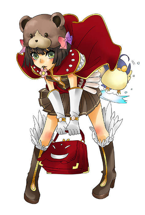 1girl bag bangs bear_hat belt bird black_hair blush boots bow breasts brown_dress brown_footwear cape commentary_request creator_(ragnarok_online) dress filir_(ragnarok_online) flower flower_in_mouth full_body fur-trimmed_footwear gloves green_eyes hair_bow holding holding_bag kirimochi_niwe leaning_forward living_clothes looking_at_viewer open_mouth pink_flower purple_bow ragnarok_online red_belt red_cape short_dress short_hair simple_background small_breasts teeth vial white_background white_gloves