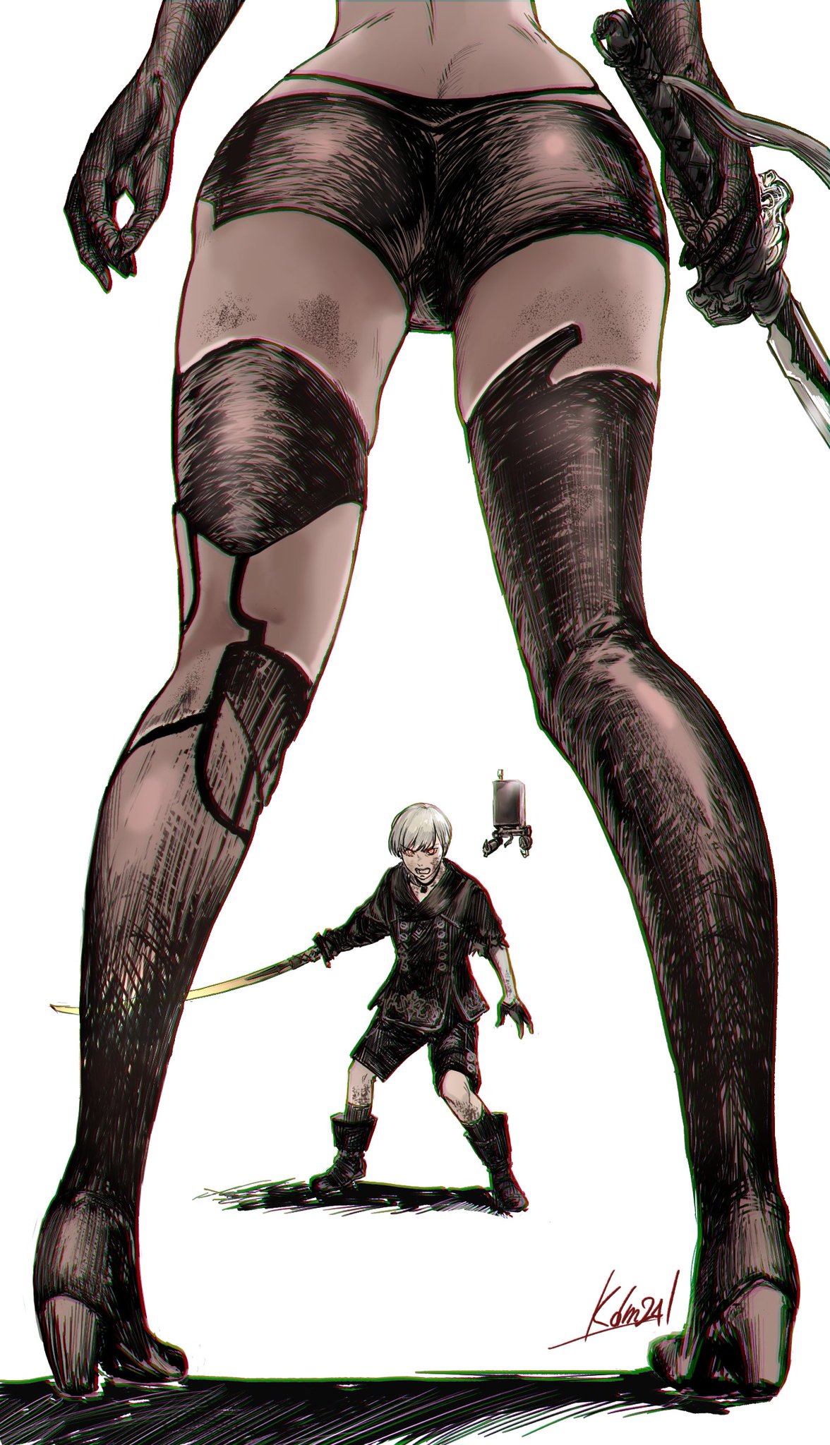 1boy 1girl android ass black_footwear black_gloves black_jacket black_shorts fighting_stance from_below gloves high_heels highres holding holding_sword holding_weapon jacket joints nier_(series) nier_automata out_of_frame pod_(nier_automata) red_eyes robot_joints sakai_natsuo shorts silver_hair standing sword thigh-highs thighs weapon white_background yorha_no._9_type_s yorha_type_a_no._2