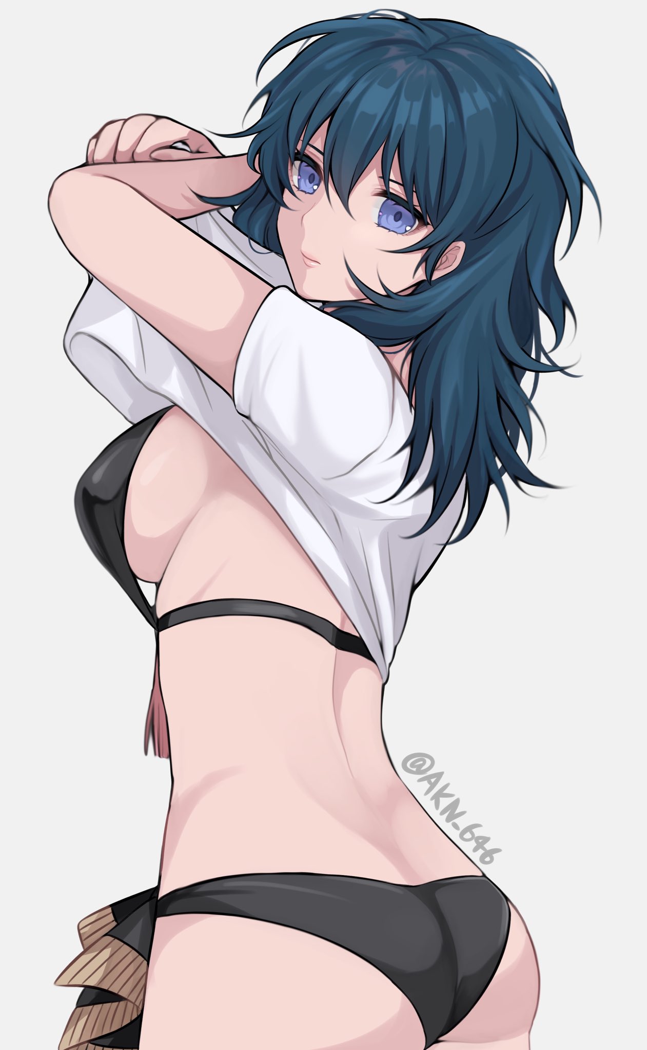 1girl arms_up ass bangs bikini black_bikini blue_eyes blue_hair breasts byleth_(fire_emblem) byleth_eisner_(female) byleth_eisner_(female) clothes_lift commentary cowboy_shot cute female_my_unit_(fire_emblem:_three_houses) fire_emblem fire_emblem:_three_houses fire_emblem:_three_houses fire_emblem_16 grey_background hair_between_eyes highres intelligent_systems large_breasts long_hair looking_at_viewer my_unit_(fire_emblem:_three_houses) nintendo removing_shirt shimizu_akina shirt shirt_lift short_sleeves simple_background solo standing super_smash_bros. swimsuit twitter_username undressing white_shirt