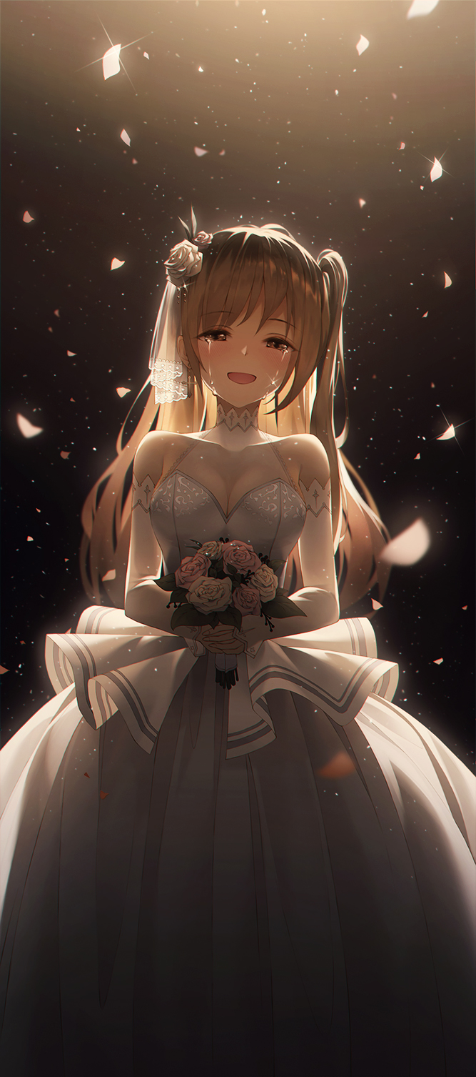 1girl aspih_sp bouquet bride brown_eyes brown_hair crying crying_with_eyes_open dress elbow_gloves flower frills gloves hair_flower hair_ornament highres holding holding_bouquet long_hair looking_at_viewer original petals side_ponytail solo streaming_tears tearing_up tears veil wedding wedding_dress white_dress